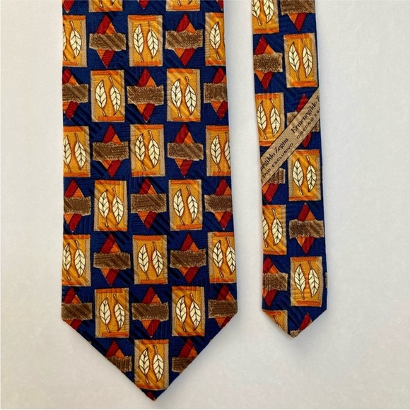 ERMENEGILDO ZEGNA Blue & Orange Autumn Flora Geometric Classic All Silk Tie - Picture 4 of 6